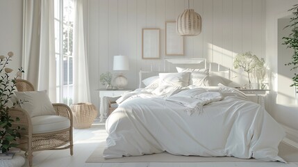 A white cottage bedroom adorned with elegant bedding and bespoke furniture. Perfect for English country house and holiday vibes. Ample text copy space for personalization