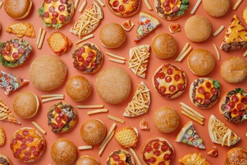 Junk food arranged in a tempting pattern, creative food flat lay banner, with solid background and copy space on center for advertise