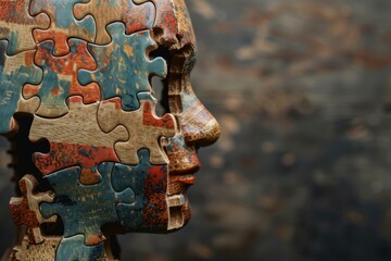 Profile of human head with jigsaw puzzle pieces, concept for cognitive psychology