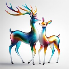 Obraz premium A stunning blown glass sculpture of a playful, couple deer with seamlessly blended rainbow colors, white background