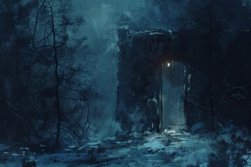 A dark forest with a door in the middle