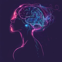 Obraz premium Marvel at a profile of a woman with a glowing brain illustration, symbolizing the fusion of beauty and intellect, Sharpen banner template with copy space on center