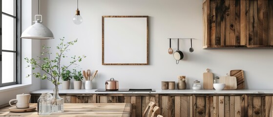 Rustic cabinets against a white wall are perfectly complemented by a blank poster in a 3D mockup frame, emphasizing simplicity, 3D render sharpen