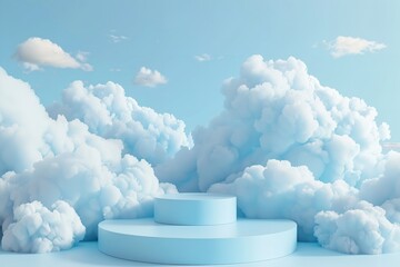 White 3D cloud backdrop podium blue product sky. Generative Ai