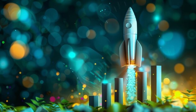 Rocket and bar graph illustrates a startups rapid growth trajectory, sharpen banner template with copy space on center