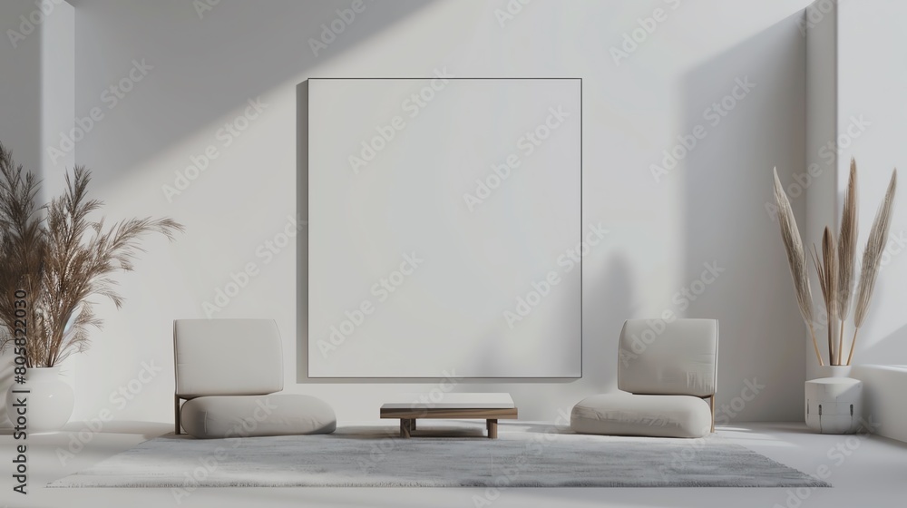 Poster 3d render of a white room with two chairs and a table in front of a blank frame