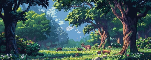A classic pixel art depiction of a forest, with trees and animals appearing in blocky patterns