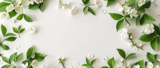 Soft floral decor and fresh green leaves create a serene setting for a spa or wellness center, blank frame template sharpened with large copy space