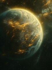 Fototapeta premium Construct an otherworldly scene where Earths atmosphere is tinted with a metallic bronze sheen