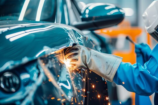 Professional car body repair service with welding tool on body stand, modern automotive maintenance