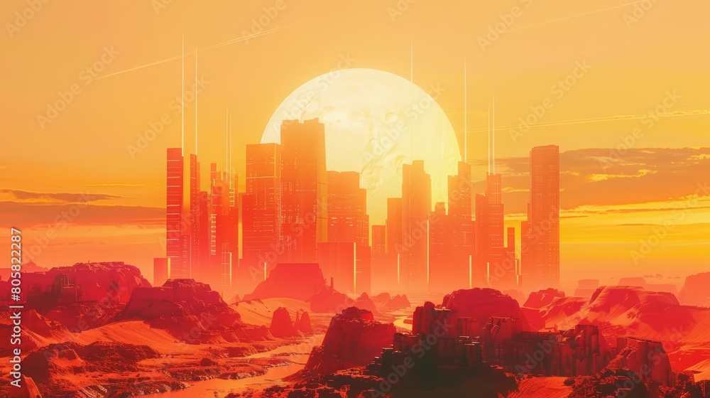 Wall mural The eerie yet inviting architecture of a scifi desert planet emerges under a tangerine sky