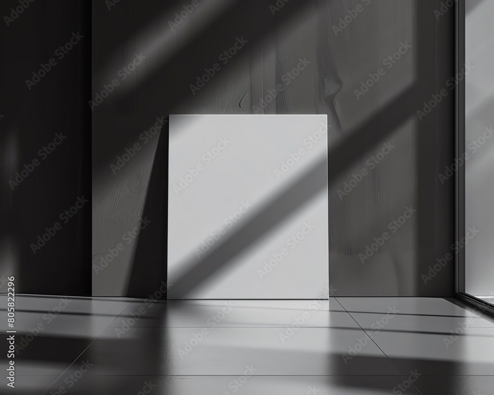 Poster a minimalist display featuring a plain white object on a grey floor, highlighted by dramatic shadows