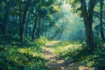 A painting of a forest path with trees and grass