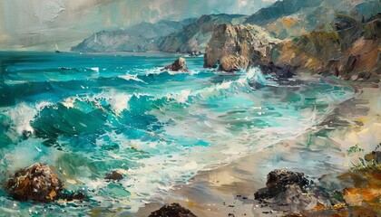 A coastal scene in shades of turquoise, where waves crash against rugged cliffs and sandy beaches