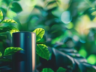 A sleek portable battery stands among vibrant green leaves, symbolizing the blend of technology and natural energy.