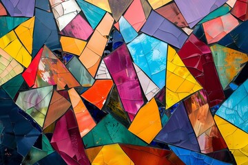 Fototapeta premium A collage of angular shapes in bright colors, resembling shattered glass or stainedglass windows