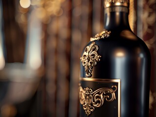 A close up of a luxurious design wine bottle with golden decorations