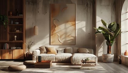 The interior of a living room is visually expanded with a Mockup frame showcasing a nomadic boho interior design, 3D render sharpen