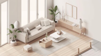 The isometric view of a living room in Muji style presents a serene and open interior, inviting a sense of calm and minimalism, Sharpen banner with space for text
