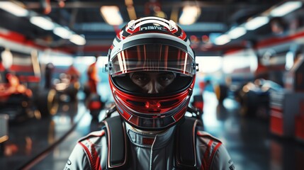Fototapeta premium A close up of a Formula one driver wearing a red and white helmet.