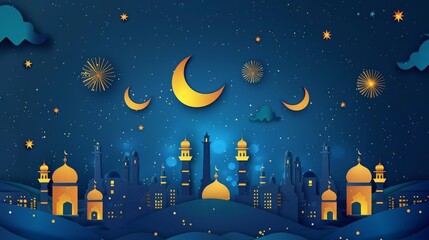 The night sky sparkles with cute fireworks for Ramadan Kareem in a playful paper art style, designed as a festive banner with ample copy space on center