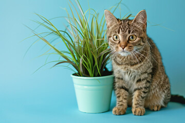 Tabby cat next to potted grass 'Cyperus Zumula' used for cats to help them throw up hair balls