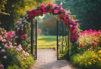 AI generated illustration of a beautiful garden gate adorned with abundant pink flowers - Powered by Adobe