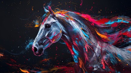 A visually striking abstract portrait of a horse painted in a burst of vibrant colors against a dark background.