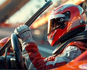 Fototapeta premium A formula one race car driver is shown inside his race car, wearing a red and white helmet and red racing suit.