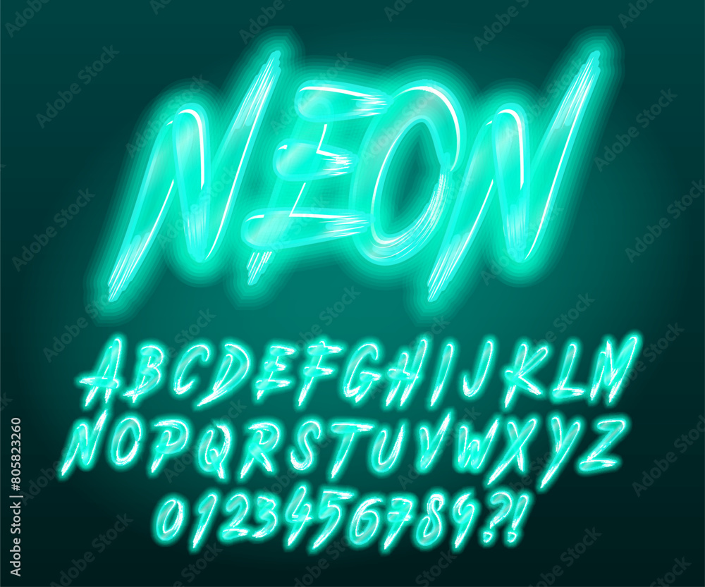 Poster neon alphabet font. glowing neon brush stroke letters and numbers. stock vector typescript for your 