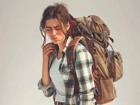 A young woman with a backpack looks exhausted.