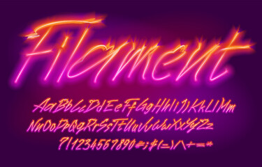 Filament alphabet font. Distort neon color uppercase and lowercase letters. Stock vector typescript for your design.