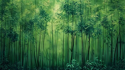 A bamboo forest entirely in shades of emerald green, showcasing the intricate details of leaves and stalks