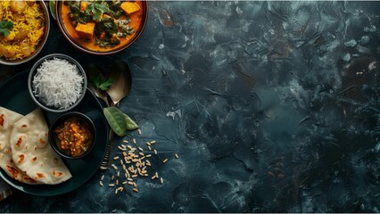 Indian food Curry butter chicken, Palak Paneer, Chiken Tikka, Biryani, Vegetable Curry, Papad, Dal, Palak Sabji, Jira Alu, Rice with Saffron on dark background top down view