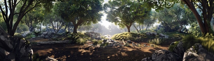 A serene virtual reality landscape where cyborgs roam among towering trees