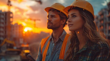 A cinematic shot of a golden hour at a building site with a Caucasian male civil engineer and a Hispanic female urban planner discussing plans