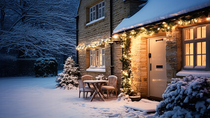 Christmas in the countryside, cottage and garden decorated for holidays on a snowy winter evening with snow and holiday lights, English country styling inspiration