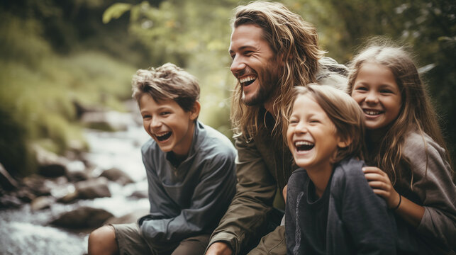 A family laughing and happy hiking next to a creek	
