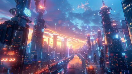 Fototapeta premium Show a futuristic city during a festival, highlighting solarpowered light installations and digital displays that illuminate the cityscape