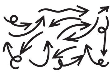 Hand drawn ink pen arrows vector set. various Freehand scribble curved lines, swirl arrows and direction pointers collection