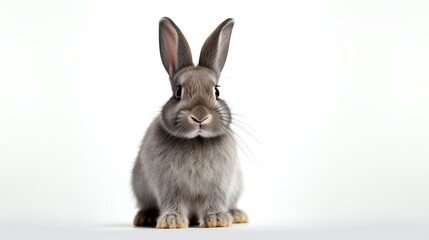 Charming image of a small grey rabbit with lop ears, looking curiously at the camera, its delicate features highlighted against a stark white background, ideal for pet care adverti