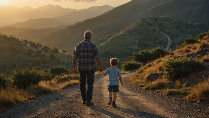 Obraz premium Father walking with his son r along a quiet mountain road as the sun rises