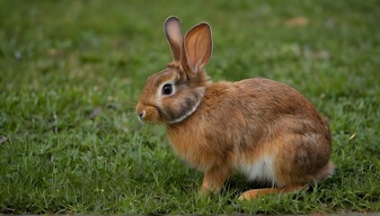 Fototapeta premium Brown rabbit on green grass in the park