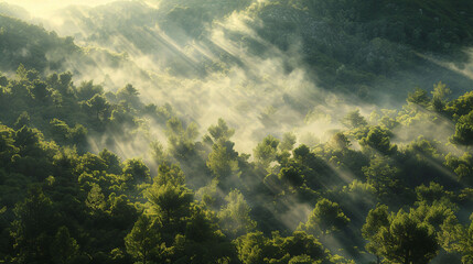 Fototapeta premium Thick fog covers green dense forest, amazing morning concept