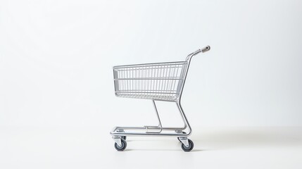 Elegant and simple photo of a new-age shopping trolley with ergonomic handles and a modern aesthetic, set against a white background, perfect for a contemporary retail setting.