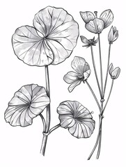 Black and white hand-drawn illustration set of gotu kola Centella asiatica plant with flower and leaf designs. Elements for graphic labels, stickers, menus, and packaging in an engraved style.
