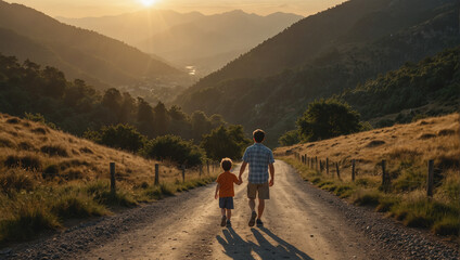Obraz premium Father walking with his son r along a quiet mountain road as the sun rises