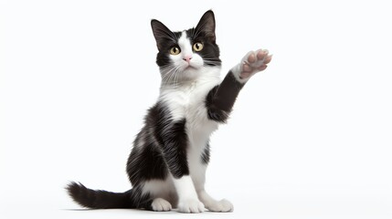 Engaging image of a young black and white cat standing on its hind legs, front paws suspended in...