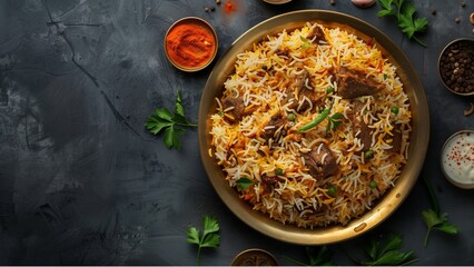 Mutton Biryani served in a golden dish isolated on dark background side view indian food top down view