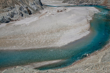 Turquoise colored waters of the Shyok River, flowing through northern India in the Ladakh region 